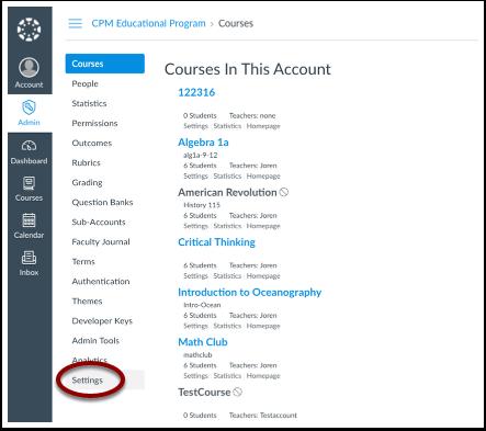 2. The window lists courses available. Click Settings.