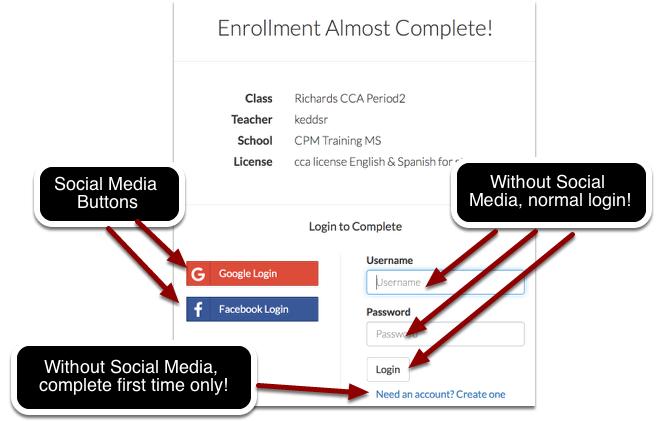 Click one of the social media buttons - Facebook or Google Do not worry. CPM does not store in plain text student emails or passwords! Method 2: Enroll Directly with CPM 1.