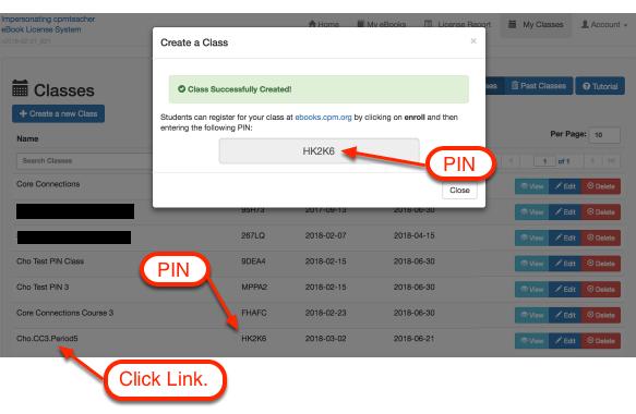 4. Click any Class link to: View/manage students and their ebooks. Add students directly. Upload/download student lists.