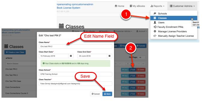 Change the Class School In the 'Customer Admin' menu at the top bar, choose 'Classes'. Search for the class you want to edit and click the edit button. The edit screen will appear.