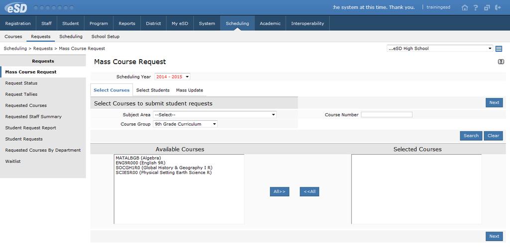 Course Requests for Multiple Students Go to Scheduling > Requests > Mass Course Request. The Mass Course Request tool allows users to assign course requests to student en masse.