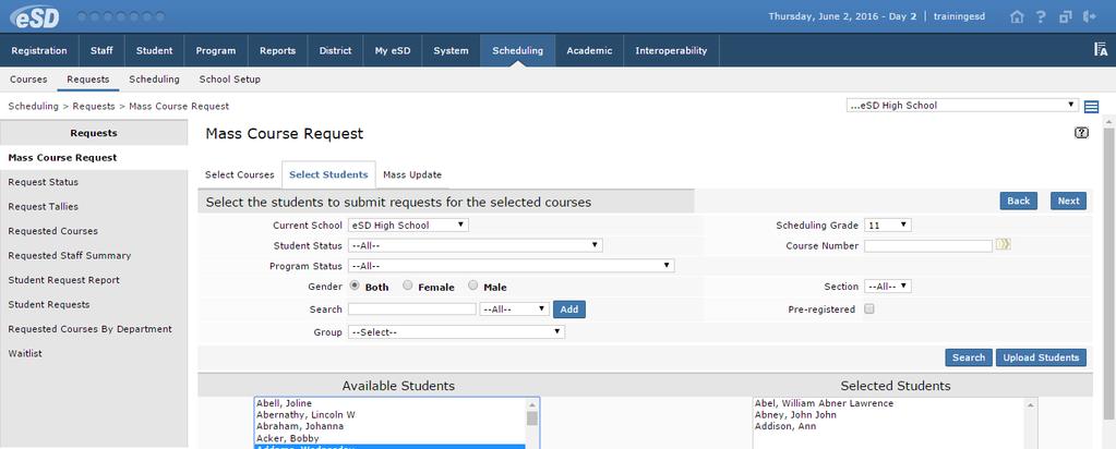 Click on Available Courses to move them to the Selected Courses field, or click the All buttons to move all courses in the direction indicate, then click Next to proceed to the Select Students tab.