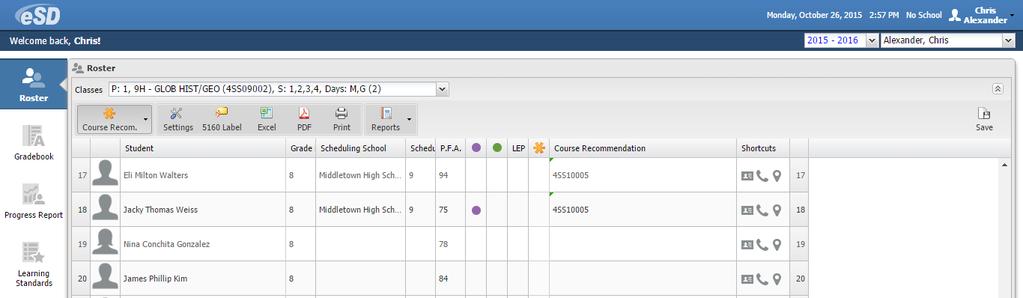 Select Fill All to copy the recommendation to all students in the class, including those with another course recommendation.