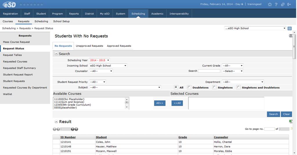 Course Request Reports Go to Scheduling > Requests. eschooldata provides an array of Course Request Reports to aid users in the scheduling process.