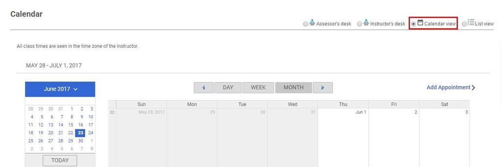 Calendar View Allows the instructor to view all upcoming classes within a calendar. The view enables filtering by Day, Week or Month as well as Class title.