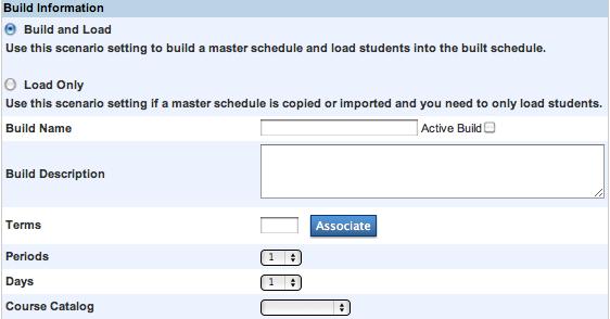 The system uses the scenarios and parameters you define to build your master schedule. If you use the Auto Scheduler function, the Edit Build Scenario page will appear automatically in Step A.