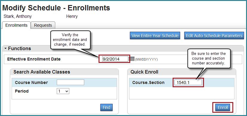 4. On the Modify Schedule page, verify the Effective Enrollment Date.