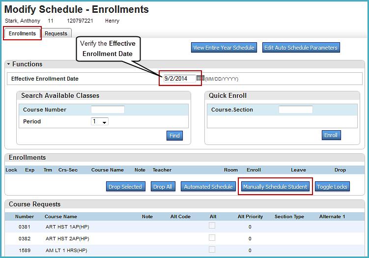 7. Return to the Enrollments tab and confirm/modify the enrollment date field. 8. Click Manually Schedule Student. 9.