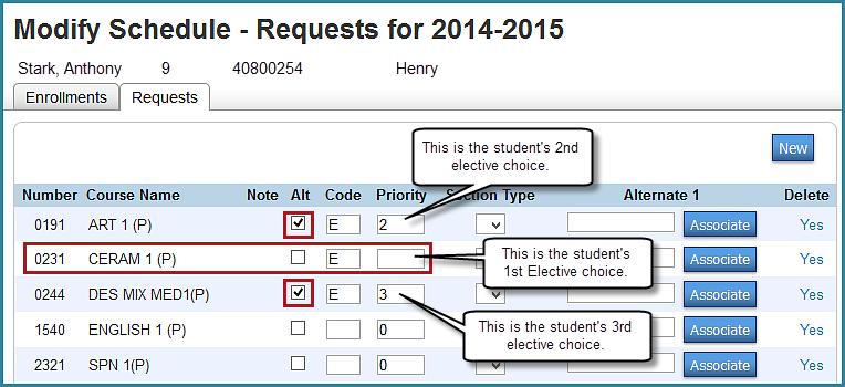OPTIONAL: Automated Scheduler allows you to assign course alternates (Alt).In this example, three electives are selected.