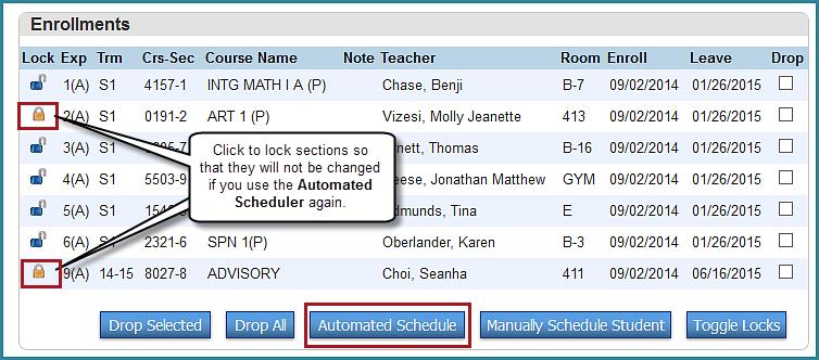 The Modify Schedule screens displays with the student enrolled in the classes.