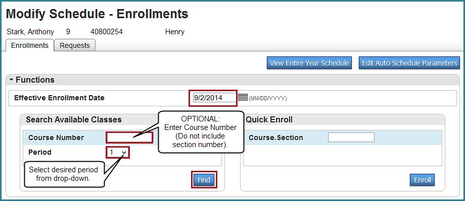 Use Search Available Classes to Schedule a Student The Search Available Classes method is a straight forward approach to scheduling a student.