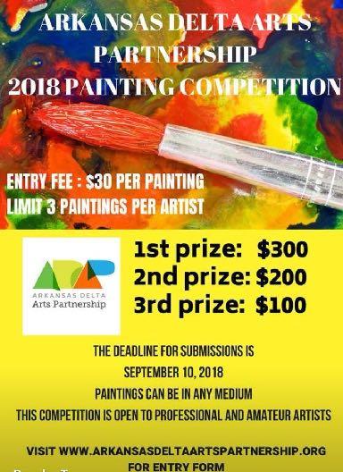 The Arkansas Delta Arts Partnership is sponsoring a 2018 Painting Competition as well as a separate 2018 Photography Competition.
