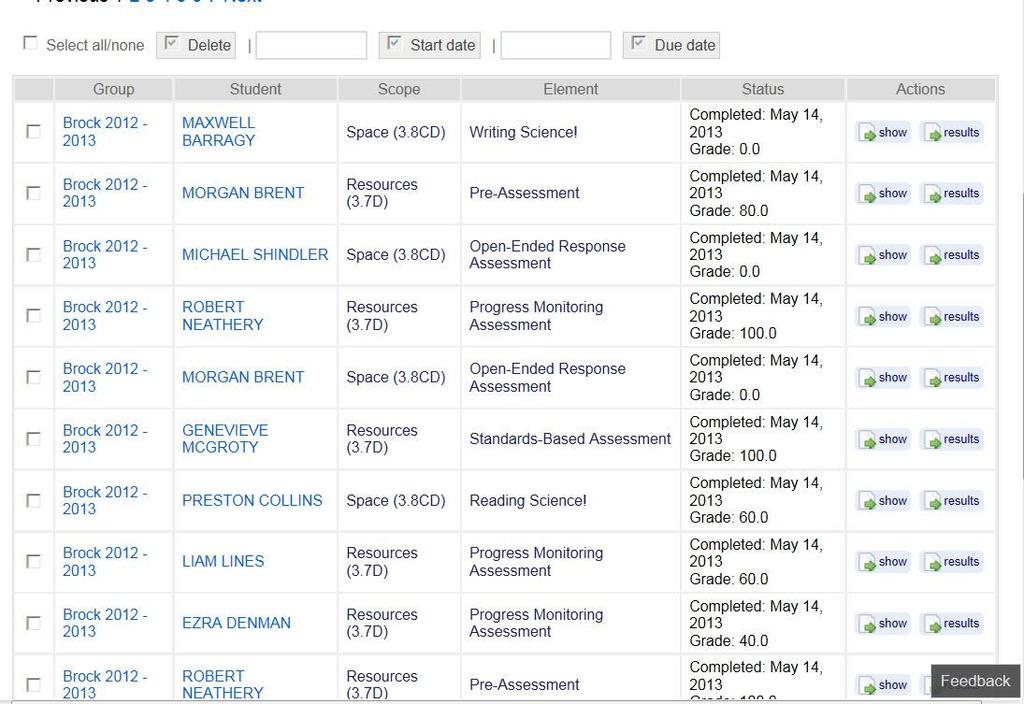 The completed assignments link on the dashboard opens a list of all the completed assignments in