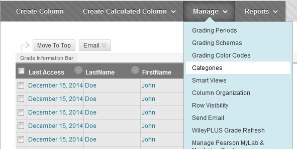 Step 2: Create categories in Grade Center The next step is to create categories in your Blackboard Grade Center that reflect the same categories from the list you determined in step 1.