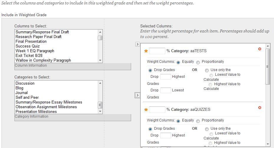 It is also recommended to select the option to weight columns Proportionally, as this will allow you to include assignments of different point values within one category.