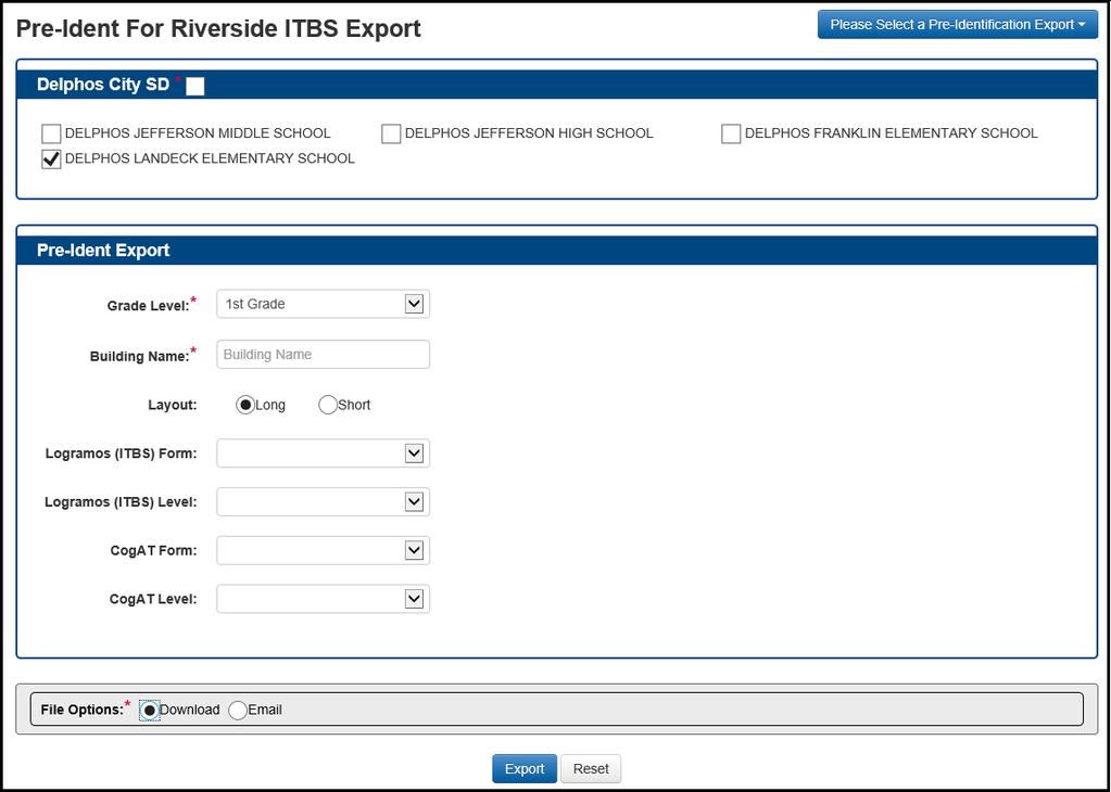 Run Pre-Ident For Riverside ITBS Export For pre-identification labels for the Riverside ITBS Pre-Identification Export, select Pre-Ident For Riverside ITBS Export.
