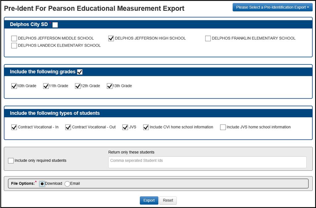 Run Pre-Ident For Pearson Educational Measurement Export (OGT) For pre-identification labels for the Pearson Educational Measurement Export (OGT), select Pre-Ident For Pearson Educational Measurement