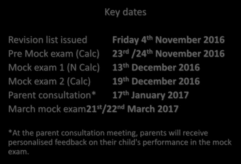 Key dates Revision list issued Friday 4 th November 2016 Pre Mock exam (Calc) 23 rd /24 th November 2016 Mock exam 1 (N Calc) 13 th December 2016 Mock exam 2 (Calc) 19 th December 2016 Parent