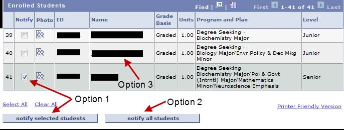 button; 2) use the notify all students button; or 3) click on the student s name. Options 1 and 2 will move you to a new PeopleSoft page where you can create the message content.