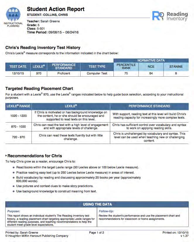 Student Action Report Report Type: Instructional Planning Purpose: This report shows an individual student s Reading Inventory test history, a reading placement chart targeting appropriate Lexile