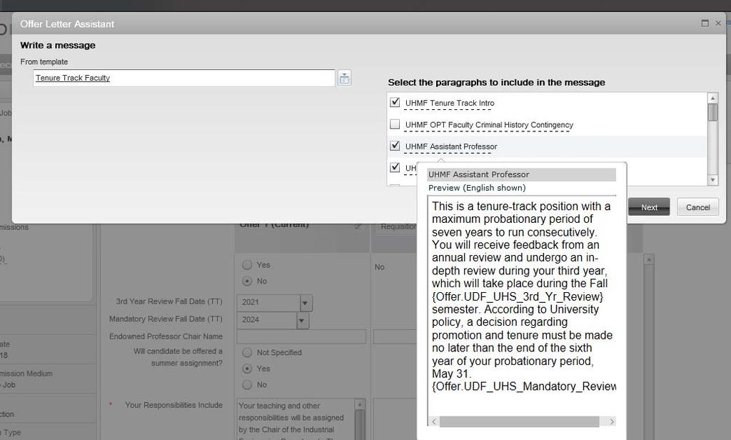 Select paragraph templates. Hover over the title to see the language for each paragraph. OPT means optional.
