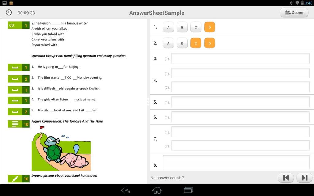 8.8 Quiz by answer sheet Quiz by answer sheet is an activity developed by teacher. After teacher launch Quiz, student can view quiz paper and answer sheet in following interface.