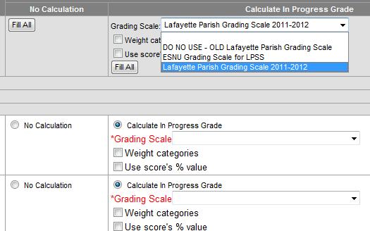 2. In the gray Calculate In Progress Grade area, click on the drop down arrow to select the Grading Scale that will be used to convert student percentages to a letter grade.