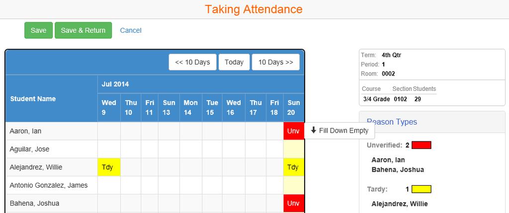 Taking Attendance When you sign in to TeacherVUE, the Attendance button at the top will be yellow if you still need to take attendance for the day. To take attendance for your class: 1.