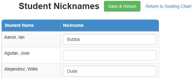 Student Nicknames lets you enter and save nicknames for each