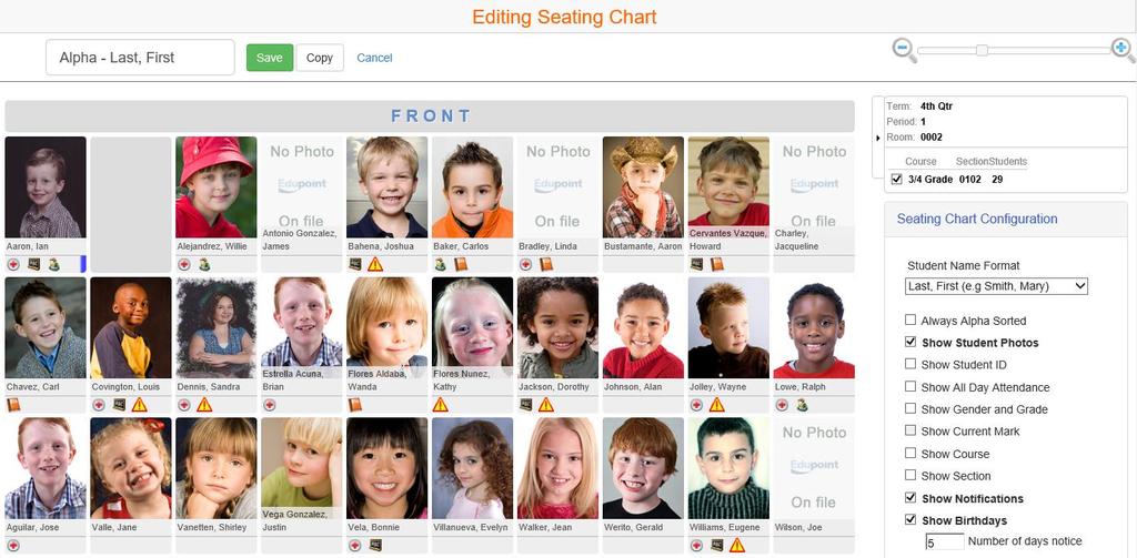 On the right, you can change the Seating Chart Configuration by: Changing the Student Name Format to First Last or Nickname, etc. Sorting students alphabetically in the chart.