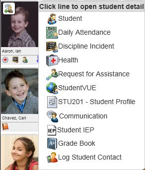 Student Menu When you click on the student's picture, a menu opens up to offer additional information about the student.