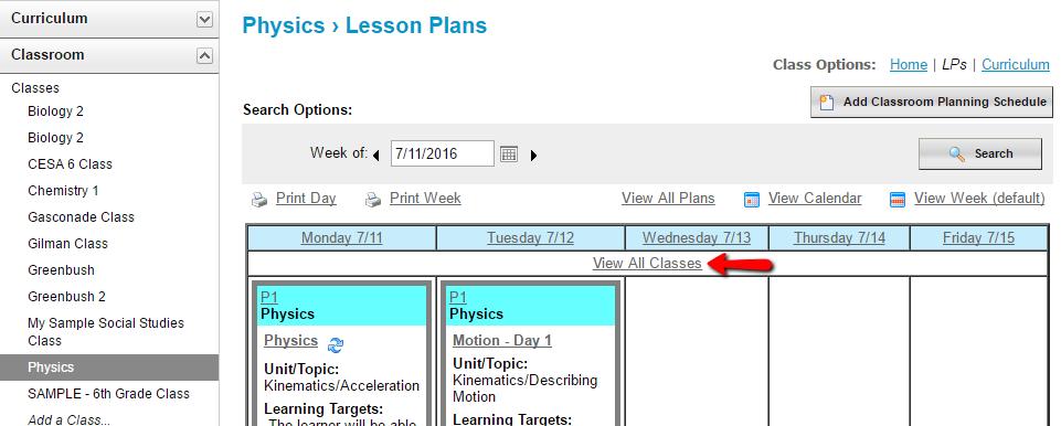 Class Filter Viewing all plan entries for a class Clicking on the Class name in the header of the lesson plan entry will filter the lesson plan entries displayed to all entries for that particular