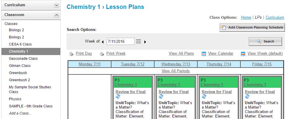 Selecting the View All Classes link will return you to the normal Plan Book view Period or Block Filter - Viewing all plan entries for a class Clicking on the Period or Block name in the header of