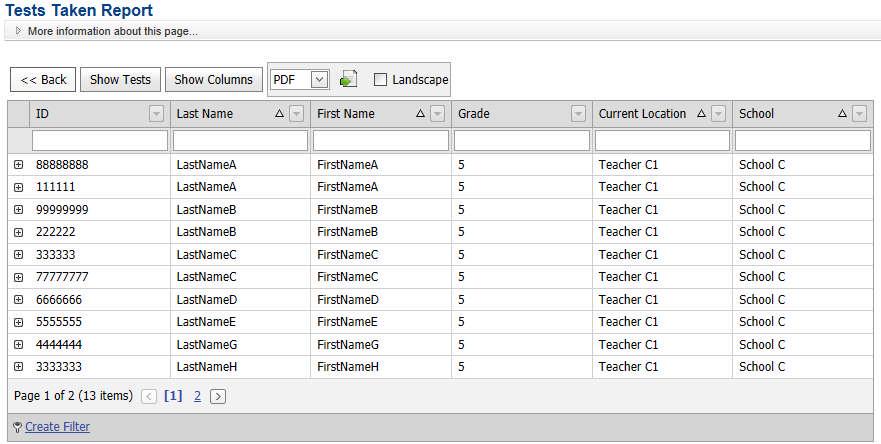 4. Click the View Students button at the bottom of the page. The students appear in a table. Note: To hide or show different columns, click Show Columns to display the Field Chooser window.