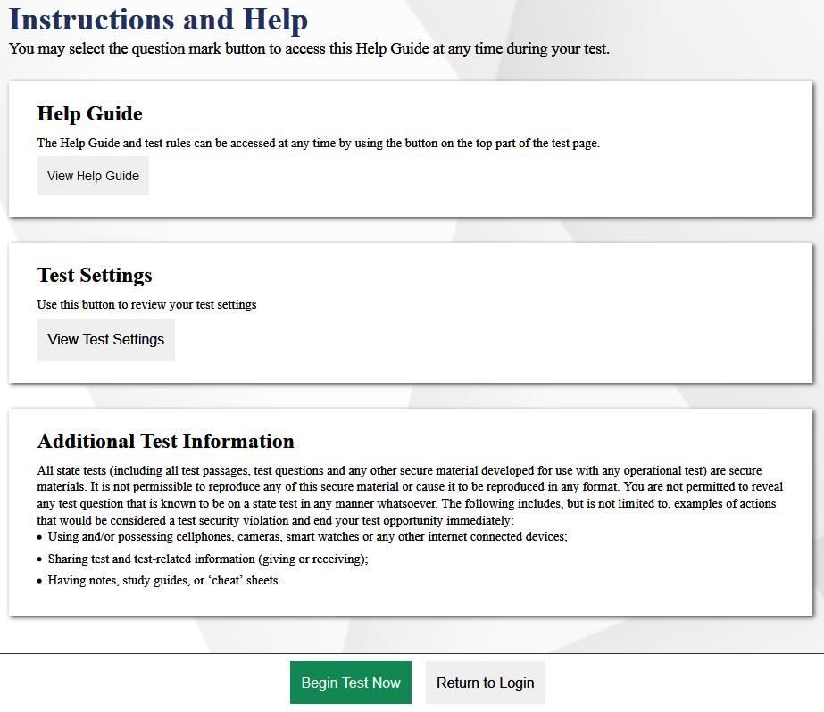 Step 7. Review the Instructions and Help Information The review test instructions and help information screens have been updated.