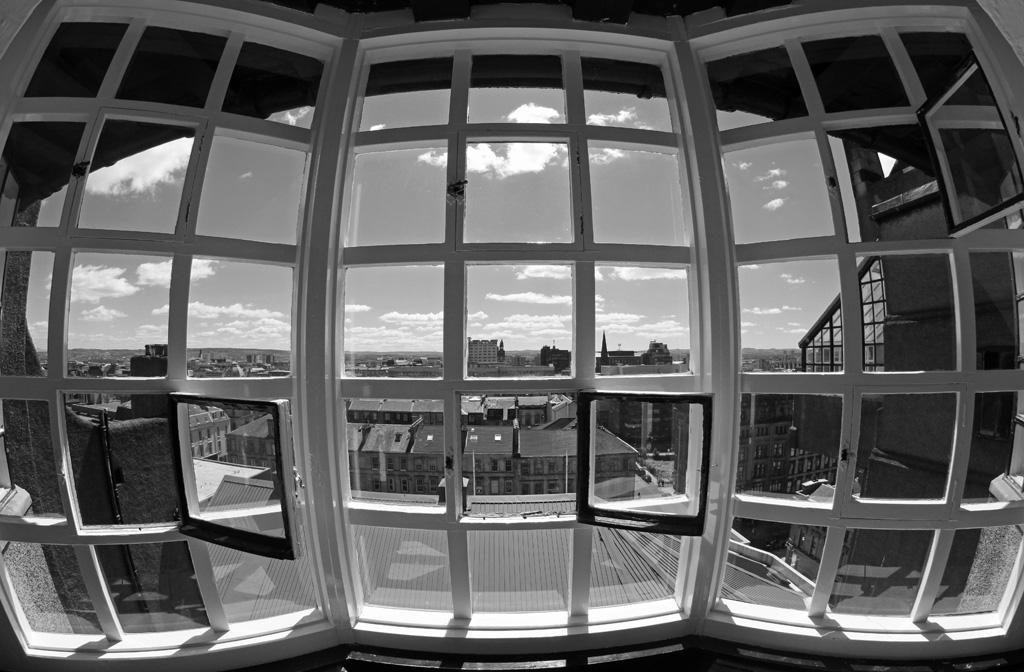 Photo by D Palmer looking out from the Mackintosh Building which suffered a major fire on 23 May 2014. A donation by to: secure.thebiggive.org.
