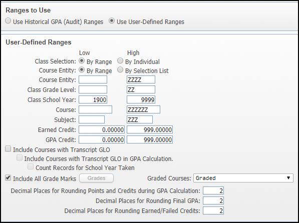 Ranges to Use: The option that you select here is what will be used to define what grade history records for each student should be included in the report.