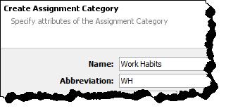 The categories available by default in Home Base/PowerSchool are: Homework Project Test Quiz Use the
