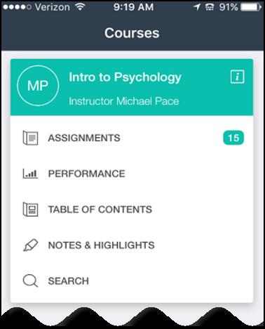4. From the course menu, you can open your Assignments list, view your course Performance, access the Table of Contents, see your Notes & Highlights, or do a Search for words, terms or chapters. 5.