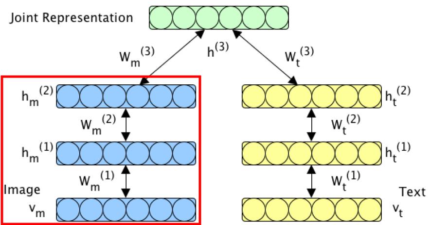 Joint representation (Srivastava et al.) for images: 2-layer deep Boltzmann machine (DBM) with Gaussian input units (v mi R, abbrev.