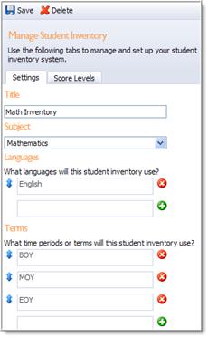 Once finish is selected, the student inventory management screen will appear. This is where the languages, terms, overall levels, and task levels are determined for this specific inventory.