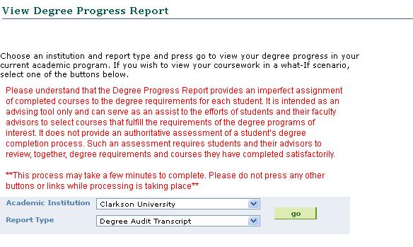 The resulting report will include the advising transcript for reference, then will begin the Degree Progress report.