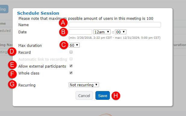 6. When you Schedule a meeting, this is the next screen you will see. (A) Name the meeting. (B) Enter the date and time of the meeting. (C) Choose the length of the meeting.