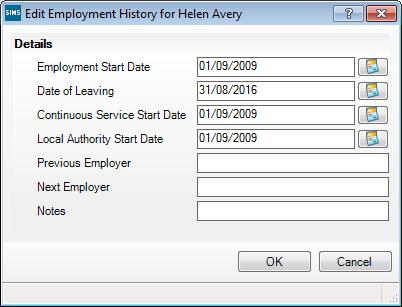 4. In the Employment Dates table, highlight the required record then click the Open button to display the Edit Employment