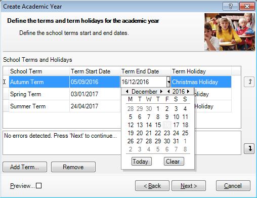 2. Click the Next button to display the Define the terms and term holidays for the academic year page.