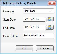 NOTE: You do not need to define half-term holidays if you have created a six term academic year, where the half-term dates fall between the terms. 1.