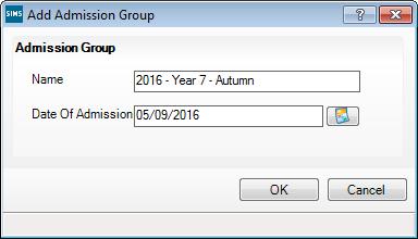 10. If you press the Tab key to move to the Name field or click in this field, a default name is supplied for the intake group, based on the Admission Year, Admission Season and Year Group, e.g. 2016/2017 Autumn Year 7.