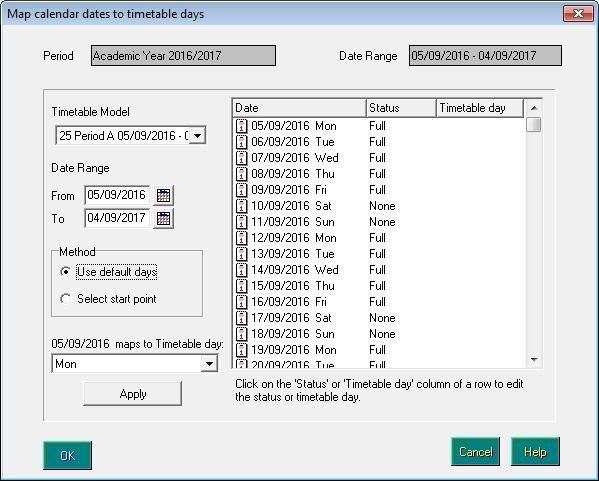 Within the specified date range, the system identifies the first date that does not have a status of None and is displayed in the bottom left-hand corner of the dialog.