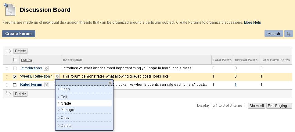 Once the Grade Forum Users window opens, you will see the students posts for this forum and be able to provide a grade.