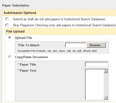 Blackboard Instructor Manual 39 5. If you only want to submit the paper to the Institutional Search Database and you do not want to check for plagiarism, click the Skip Plagiarism Checking checkbox.